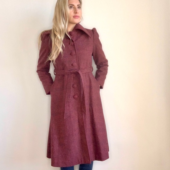 Vintage Style Burgundy Red/Pink/Purple Belted Coat - Picture 15 of 16